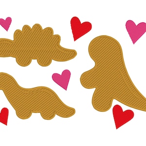 May include: Two brown dinosaur shapes with pink and red hearts scattered around them. The dinosaurs are stylized and have a textured pattern.