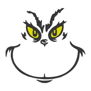 Könnte beinhalten: Eine Schwarz-Weiß-Zeichnung des Gesichts des Grinch mit gelben Augen. Der Grinch ist bekannt für sein grünes Fell und seine Liebe zu Weihnachten.