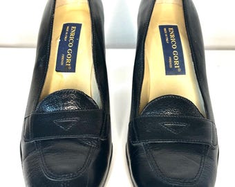 Vintage Enrico Gori Made in Italy Black Leather Heeled Loafers | 90s Chunky Block Heel Pumps | Classic Minimalist Style