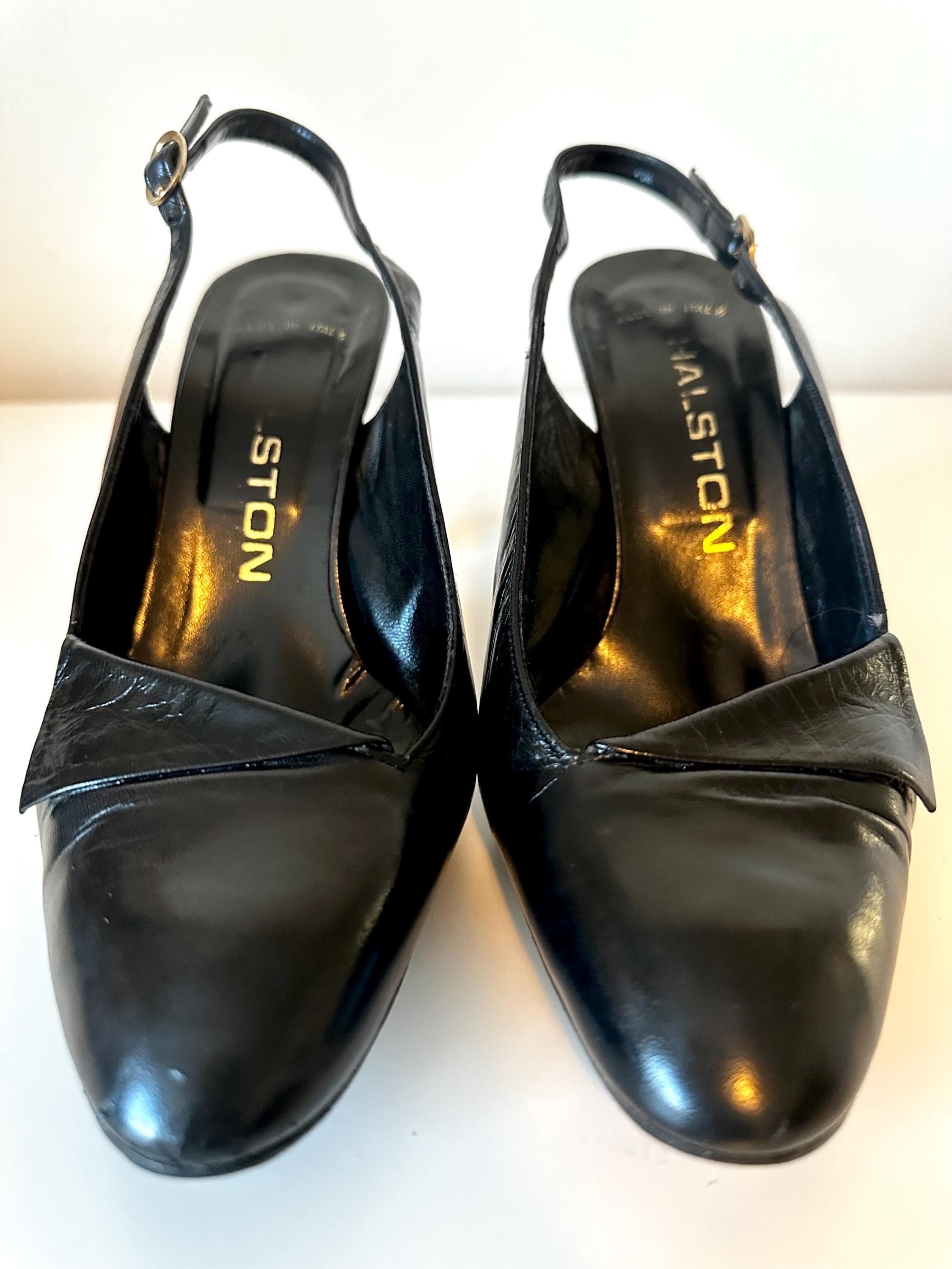 Vintage 1980s Halston Black Leather Slingback High Heeled Pumps RARE