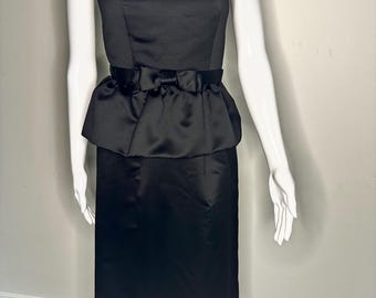Vintage 1980s Act I New York Black Satin Peplum Cocktail Dress with Bow Detail