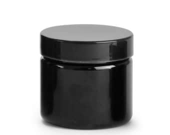 Frascos PET pretos (PCR) de 2 oz com laterais retas e tampas revestidas de PS22 preto