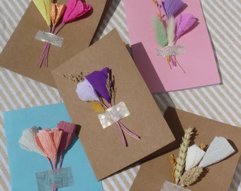 Flower cards for gift, birthday wishes - paper flowers and dried plants - handmade