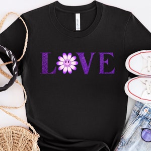Love Shirt with purple glitter and matching daises, ladies shirts , casual wear, romantic shirt
