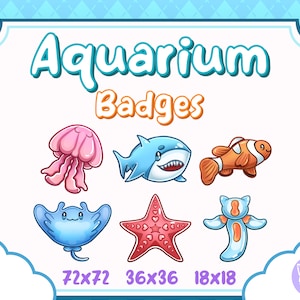 Peut inclure: Badges Aquarium: Un ensemble de six badges de dessin animé colorés représentant une méduse, un requin, un poisson-clown, une raie, une étoile de mer et un hippocampe. Les badges sont disponibles en trois tailles : 72x72, 36x36 et 18x18.