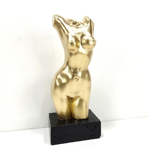 Gold naked female torso statue, Gold statue on black stone base, Art classic beauty 20cm, Apfrodite body Statue, Naked torso female statue