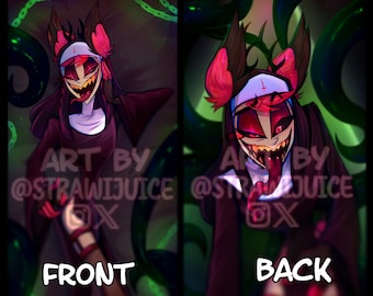May include: A digital illustration of a cartoon character with red hair, wearing a black and white nun's habit, with a cross on her head, and a large, toothy grin. The character is surrounded by green vines. The text "ART BY @STRAWIJUICE" is at the bottom of the image. The words "FRONT" and "BACK" are also visible.