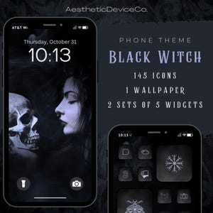 May include: A black and white phone screen mockup with a dark background and a skull and woman's face. The phone screen displays the time 10:13 and the text "BLACK WITCH" with the words "PHONE THEME", "145 ICONS", "1 WALLPAPER", and "2 SETS OF 5 WIDGETS" below it.