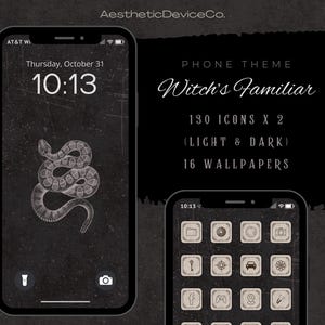 May include: Two smartphones displaying a phone theme called "Witch's Familiar." The theme includes 130 icons in light and dark versions, plus 16 wallpapers. One phone shows a snake illustration on the lock screen. The other shows the app icons.
