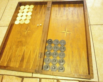 Vintage game - Big wooden box backgammon chess with a full SET 30  Bakelite  PIECES  - RARE