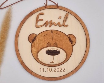 Nameplate | Door sign | Personalized with name and date of birth | Teddy bear | Nursery | Baby | Wall decoration | Gift | Accessory |