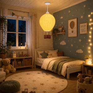 Könnte beinhalten: Eine gelbe Heißluftballon-Hängeleuchte mit einem braunen Korb, der weiße Sternausschnitte aufweist, die von der Decke in einem Raum mit einem Bett, einem runden Teppich mit Sternenmuster und verschiedenen Dekorationsgegenständen herabhängt.