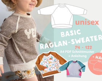Basic Raglan Sweater for children with slanted side seam A4 PDF sewing pattern, size. 74 -122