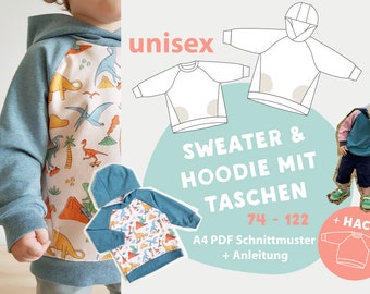 Sweater and hoodie with pockets for children A4 PDF sewing pattern, size 74 -122
