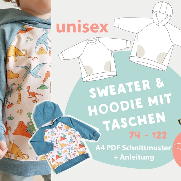 Sweater und Hoodie mit Taschen für Kinder A4 PDF Schnittmuster, Gr. 74 -122