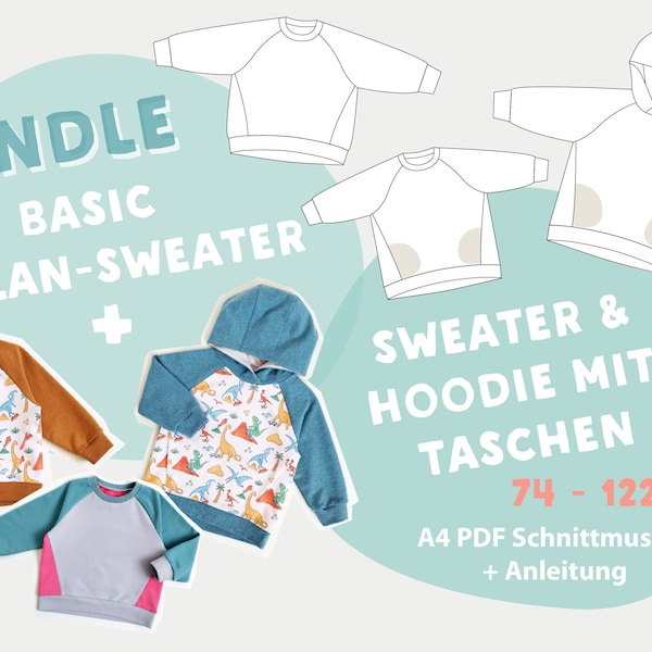 Set Basic Raglan-Sweater + Sweater / Hoodie mit Taschen A4 PDF Schnittmuster, Gr 74 – 122