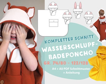 Badponcho badcape PDF A4 A0 naaipatroon voor baby's en kindermaat. 74/80-122/128