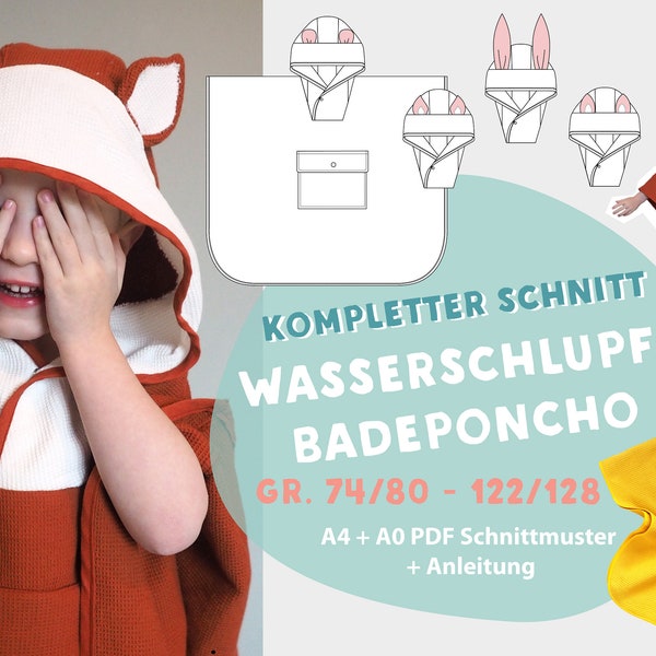 Bath poncho bath cape PDF A4 A0 sewing pattern for babies and children size. 74/80-122/128