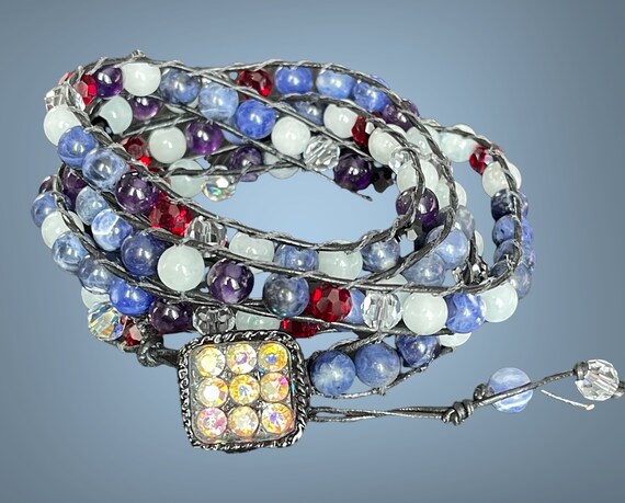Handmade Leather, Gemstone, Swarovski Crystal Wrap Bracelet