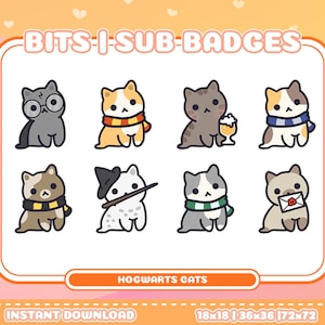 May include: Eight digital illustrations of cats in different Hogwarts houses. Each cat is wearing a scarf and other accessories representing their house. The text "BITS-I-SUB-BADGES" is at the top of the image. The text "HOGWARTS CATS" is in the middle of the image. The text "INSTANT DOWNLOAD" is at the bottom left of the image. The text "18x18 | 36x36 | 72x72" is at the bottom right of the image.