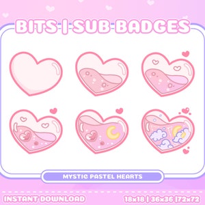 Twitch Sub & Bit Badges pack | Mystic Pastel Sparkle Moon | Cute Heart with Water | Kawaii