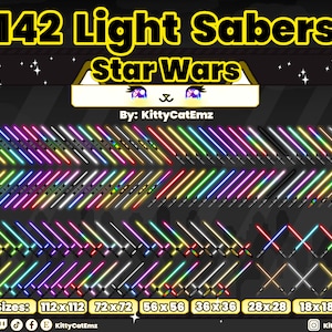 Può includere: Un'illustrazione digitale di 142 spade laser di diversi colori del franchise di Star Wars. Le spade laser sono disposte in file di diverse dimensioni, tra cui 112x112, 72x72, 56x56, 36x36, 28x28 e 18x18.