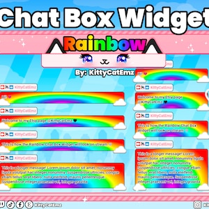 May include: A pink and rainbow-coloured chat box widget with the text "Rainbow" and "KittyCatEmz" on it. The widget is designed for use on a live stream.