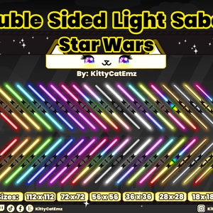Può includere: Un'illustrazione digitale di spade laser a doppio lato in vari colori, dimensioni e design. L'immagine include il testo "Double Sided Light Sabers", "Star Wars", "By: KittyCatEmz", e "Sizes: 112x112 72x72 56x56 36x36 28x28 18x18".