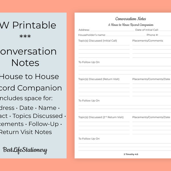 JW Stationery | House to House Record and Notes | Printable | Instant Digital Download | Lined Paper | Organizer | Address Book