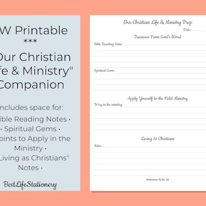 May include: Printable "Our Christian Life & Ministry" companion for Jehovah's Witnesses. Includes space for Bible reading notes, spiritual gems, points to apply in the ministry, and "Living as Christians" notes.