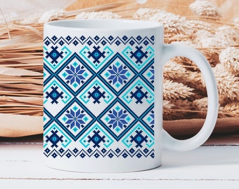 Ceramiczny kubek inspirowany haftem krzyżykowym, niebieski prostokątny wzór filiżanki do kawy, kreatywny prezent dla miłośników wystroju wnętrz