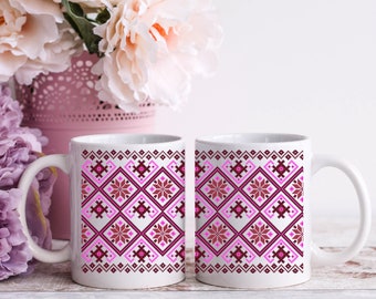 Ceramiczny kubek inspirowany haftem krzyżykowym, prostokątny wzór filiżanki do kawy, bordowy, czerwony i różowy, kreatywny prezent dla miłośników wystroju wnętrz
