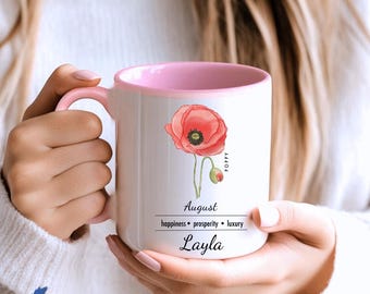 08 August Birth Flower Mug - Poppy | Personalized Botanical Coffee Cup