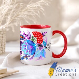 Ukrainian Petrykivka Floral Mug | Blue & Red Viburnum Design | Personalized Ceramic Coffee Cup