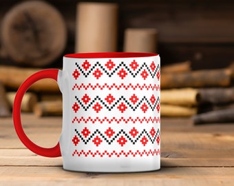 Czerwony haftowany ceramiczny kubek - Elegancka filiżanka do kawy i herbaty - Idealny prezent na urodziny, święta, akcent na parapetówkę, 11 uncji