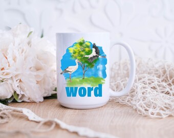 Taza de naturaleza personalizada, taza de café de cerámica, ilustración de acuarela - árbol y cigüeñas, equilibrio pacífico, inspirador