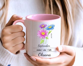 Taza con flor de nacimiento del 9 de septiembre - Aster / Taza botánica personalizada