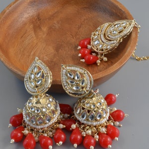 Tikka w/ Earring Set Indian Bridal Maang Tikka, Teeka, Tika Headpiece Pearl Jewelry For Women Bollywood Bridesmaid Gift Red