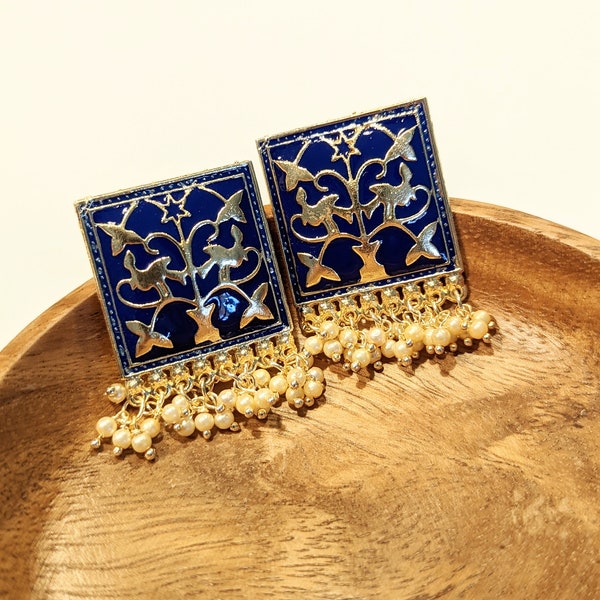 Meenakari Pearl Rectangular Earrings / Pearl Earrings / Indian Punjabi Earings / Gold Plated Earrings / Kundan Dangler Earrings / Pearl