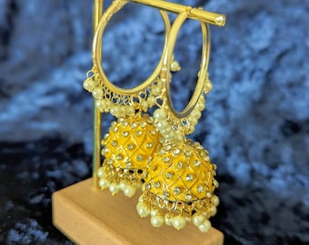 Jhumka | Hoop Jhumka | Dangler Jhumka Earring | Indian Earring | Kundan Earring | Gold Jhumka Earring | Dubai Gold Jewelry | Yellow Jhumka