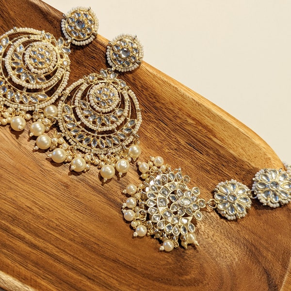 Tikka w/ Earring Set- Indian Bridal Maang Tikka, Teeka, Tika Headpiece -Diamond Jewelry For Women - Bollywood Bridesmaid Gift