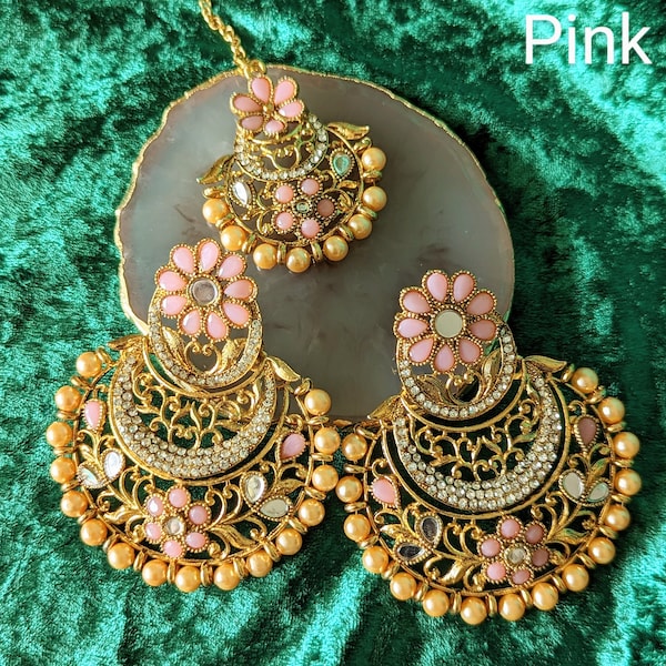 Kundan Tikka w/ Earring Set | Indian Bridal Maang Tikka | Tikka Headpiece | Pearl Jewelry For Women | Bollywood Bridesmaid Gift