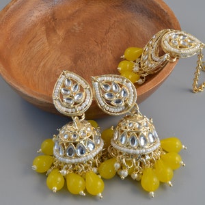 Tikka w/ Earring Set Indian Bridal Maang Tikka, Teeka, Tika Headpiece Pearl Jewelry For Women Bollywood Bridesmaid Gift Yellow