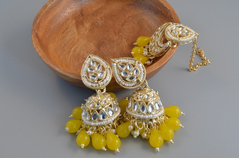 Tikka w/ Earring Set Indian Bridal Maang Tikka, Teeka, Tika Headpiece Pearl Jewelry For Women Bollywood Bridesmaid Gift Yellow