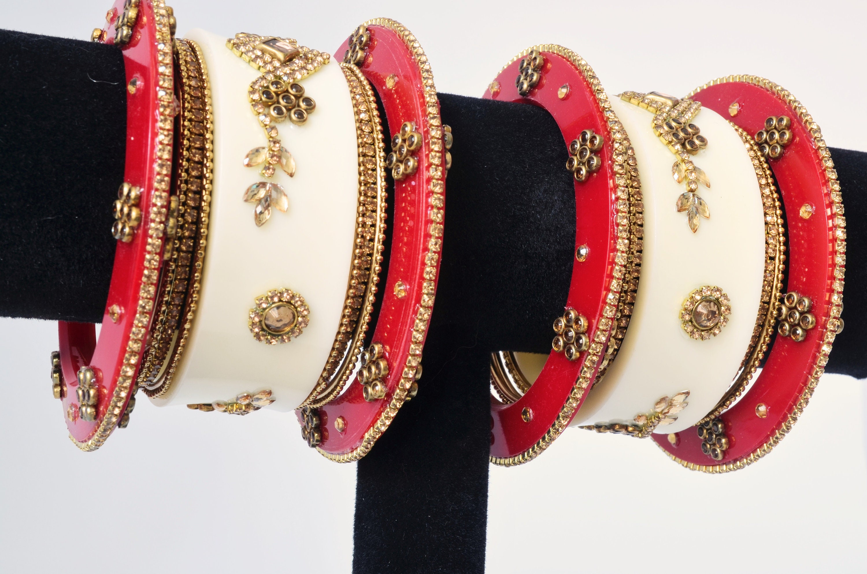 Maroon and White Red Stone Bangles Set Gold Plated Bollywood