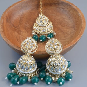 Tikka w/ Earring Set Indian Bridal Maang Tikka, Teeka, Tika Headpiece Pearl Jewelry For Women Bollywood Bridesmaid Gift Green
