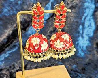 Red Jhumkas / Red Indian Earrings / Meenakari Kundan Earrings / Meenakari Jhumka / Red Chaandbali Kundan Earring