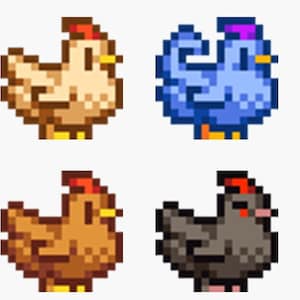May include: Four pixelated chickens in various colours: tan, blue, brown, and grey. Each chicken has a red comb and yellow beak. The chickens are in a side-facing pose, with their bodies slightly turned.
