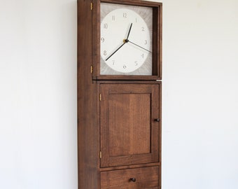 Modern Shaker Wall Clock - Wall hanging clock cabinet with dovetail drawer and key hooks
