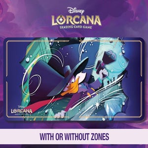 Puede incluir: Una tarjeta coleccionable de Disney Lorcana con un personaje de pato de dibujos animados en un esquema de color púrpura y azul. La tarjeta tiene un borde dorado y el texto "WITH OR WITHOUT ZONES" en la parte inferior.